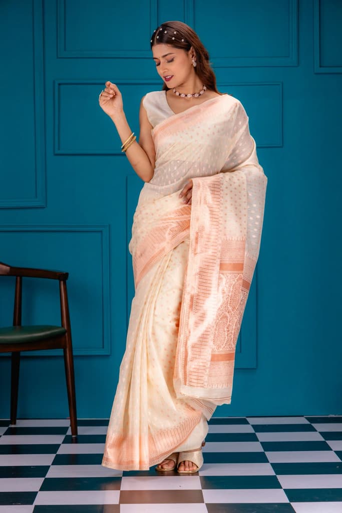Mimosa Women's Woven Design Banarasi Style Art Silk Saree With Blouse Piece : SA00001755HWFREE — Halfwhite