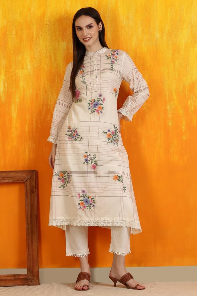 White Checker Floral Embroidered Pure Cotton A-line Kurta — XS