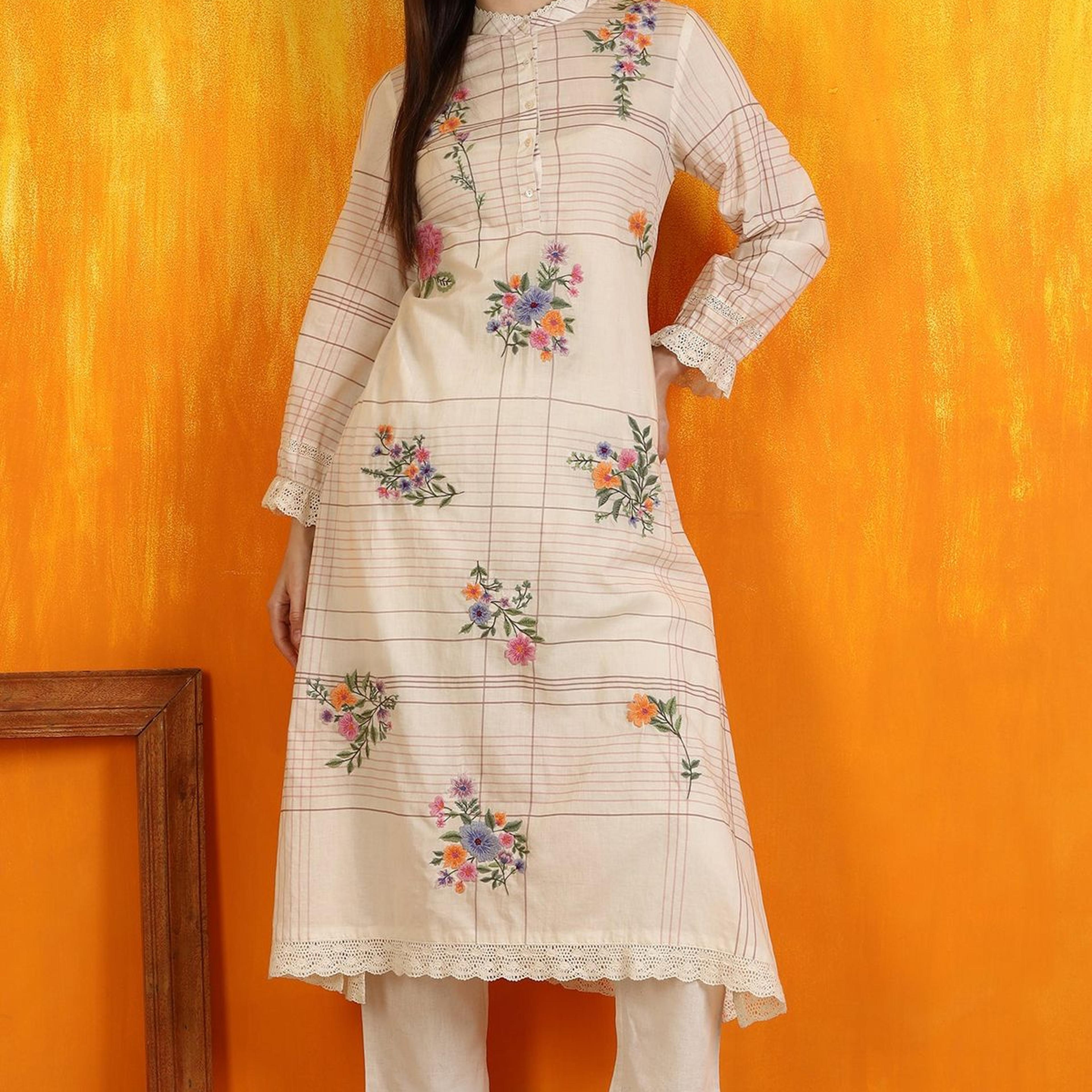 White Checker Floral Embroidered Pure Cotton A-line Kurta