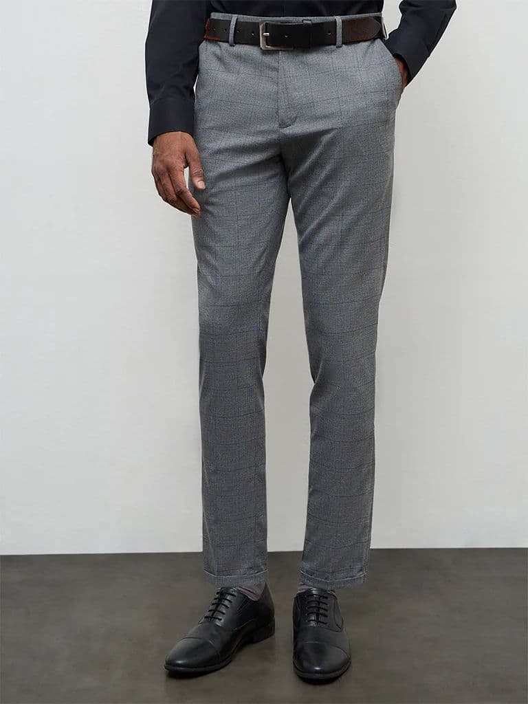 WES Formals Grey Plaid Checkered Slim-Fit Mid-Rise Trousers — photo 2