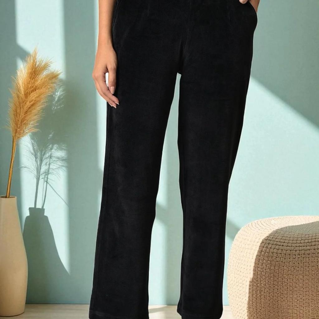 Black Solid Straight Fit Cotton Trousers With Elasticated Waist