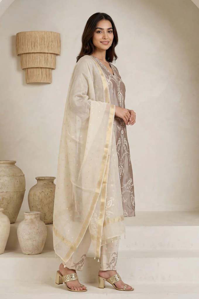 Brown Embroidered Cotton Blend Straight Kurta with Pants and Dupatta Set — photo 5