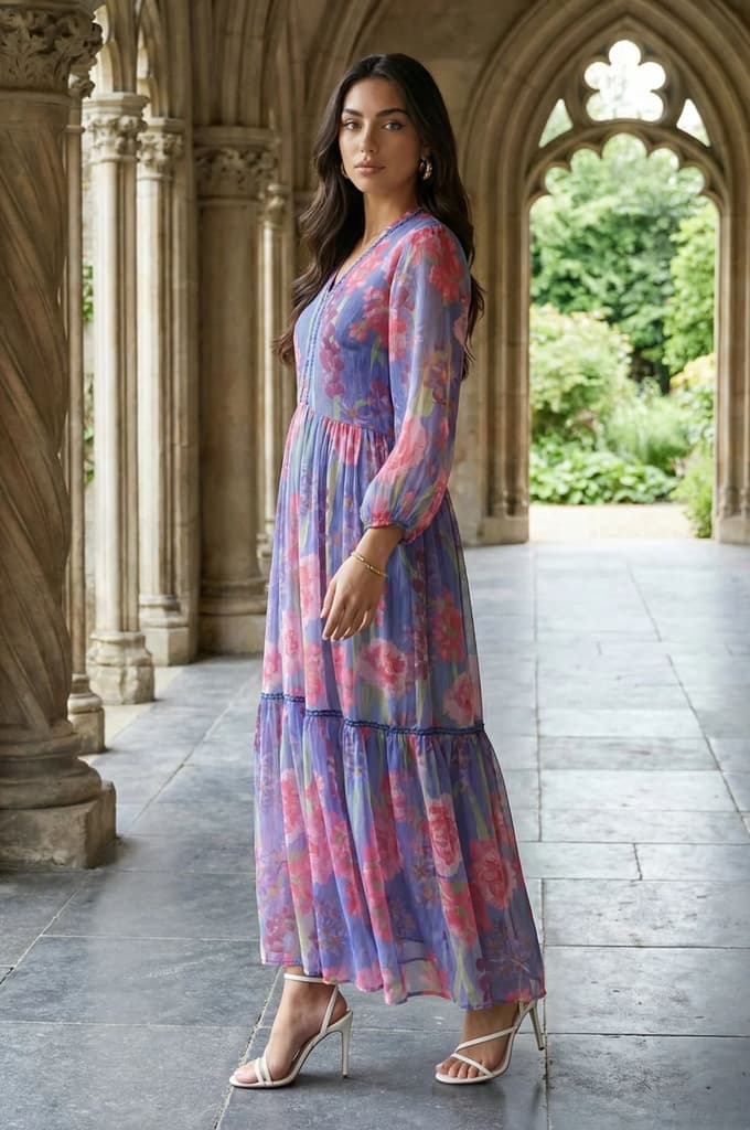 Blue Floral Printed Chiffon Flared Dress — photo 7
