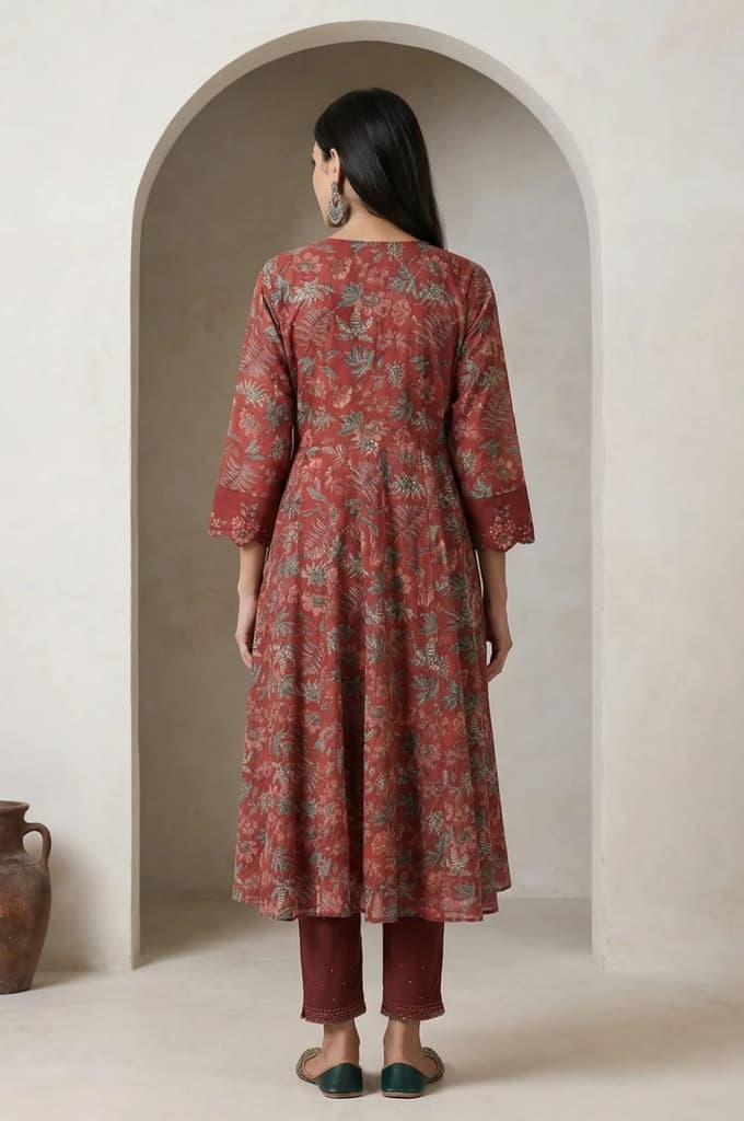 Maroon Floral Printed Embroidered Pure Cotton A-line Kurta — photo 5