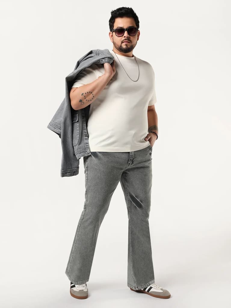 Plus Men's Light Grey Bootcut Fit Mid Rise Acid Wash Jeans Stretchable — photo 4