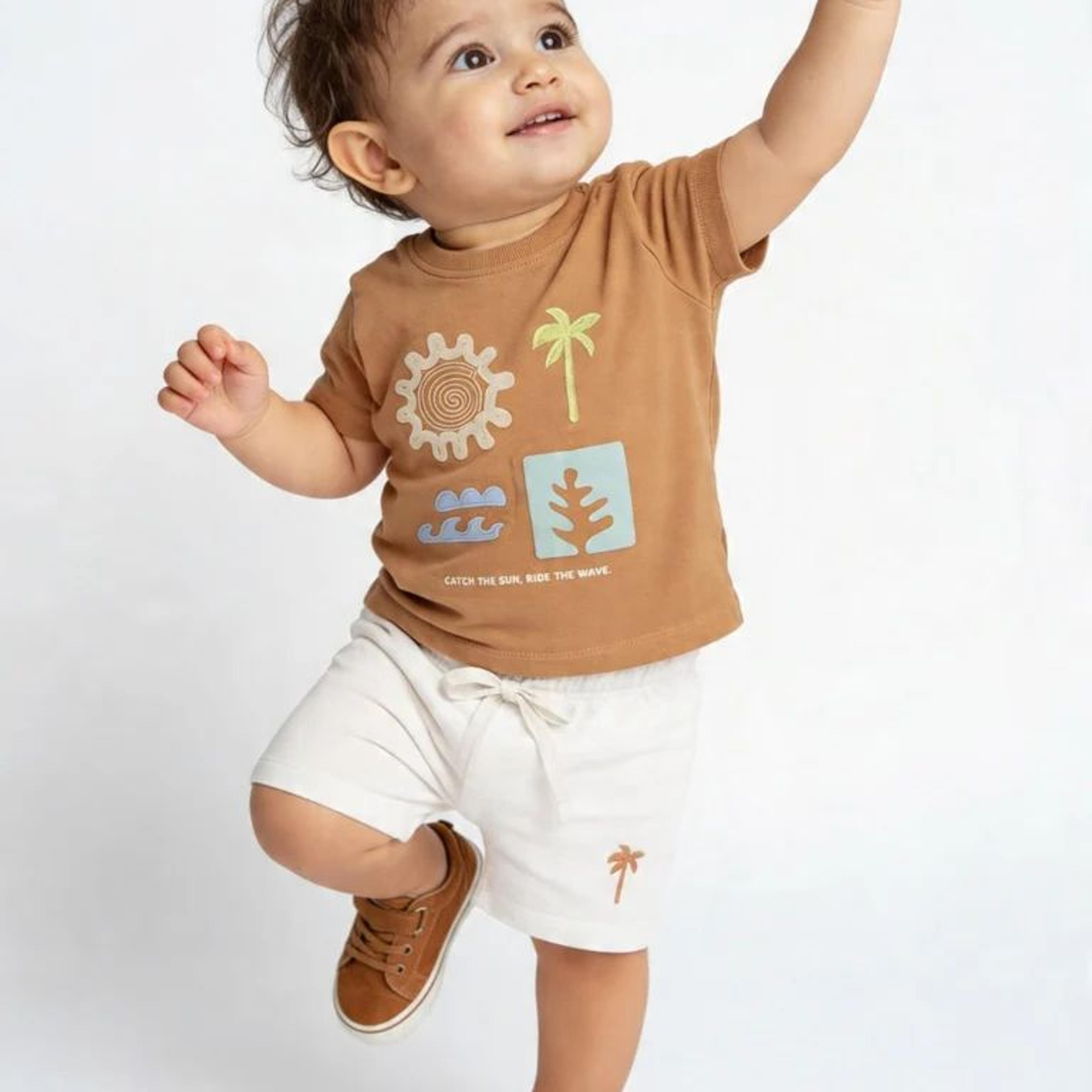 HOP Baby Boys Brown Graphic Cotton T-Shirt and Shorts Set