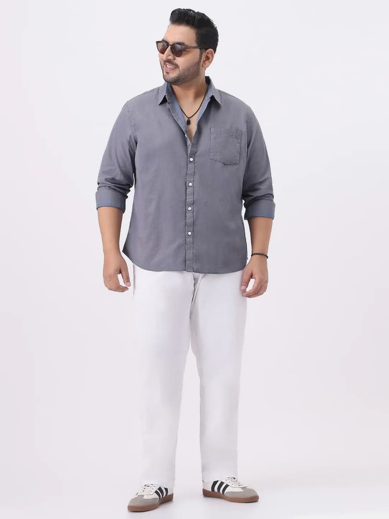 Plus Men's Grey Cotton Full Sleeve Regular Fit Casual Solid Slub Shirt with Spread Collar — photo 4