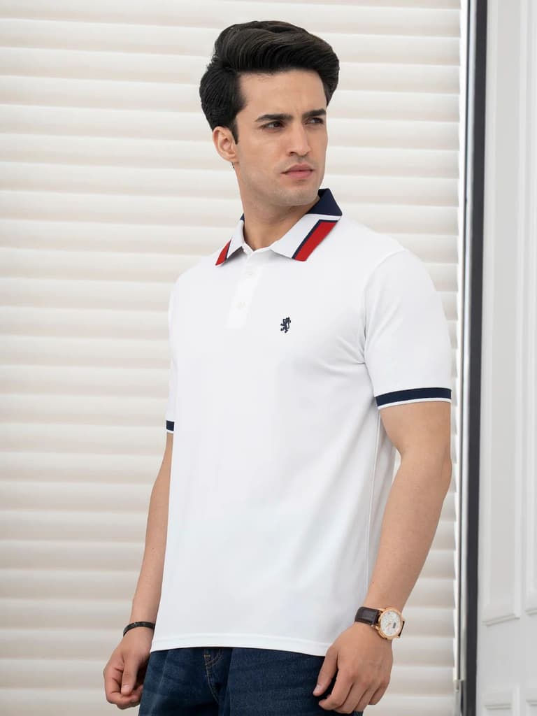 T Shirts for Men in White | Jacquard Collar Polo T Shirt — photo 5
