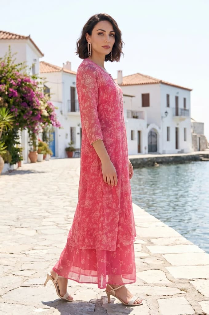 Pink Bandhani Printed Chiffon Gillet, Spaghetti Crop Top and Flared Culottes Set — photo 5