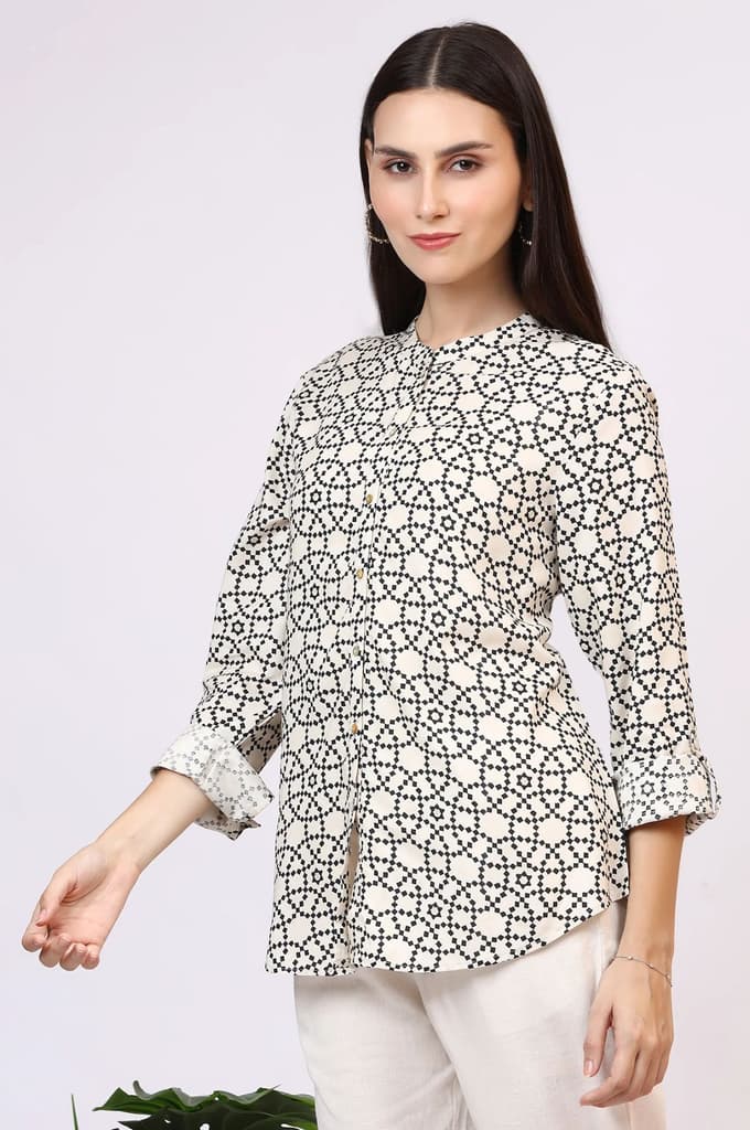 White Geometric Printed Button Down Rayon Shirt — photo 5