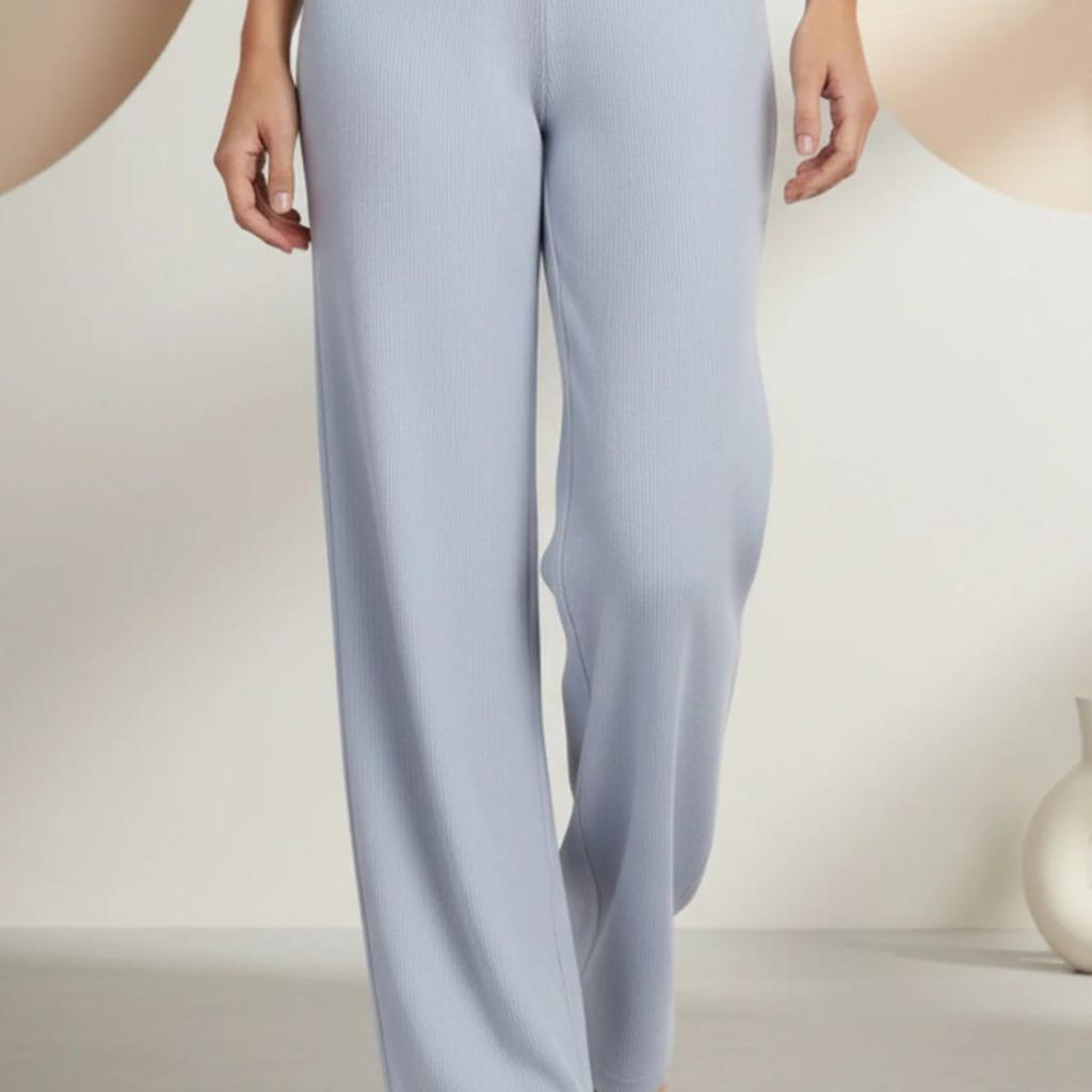 Blue Solid Wide Leg High Rise Corduroy Palazzo