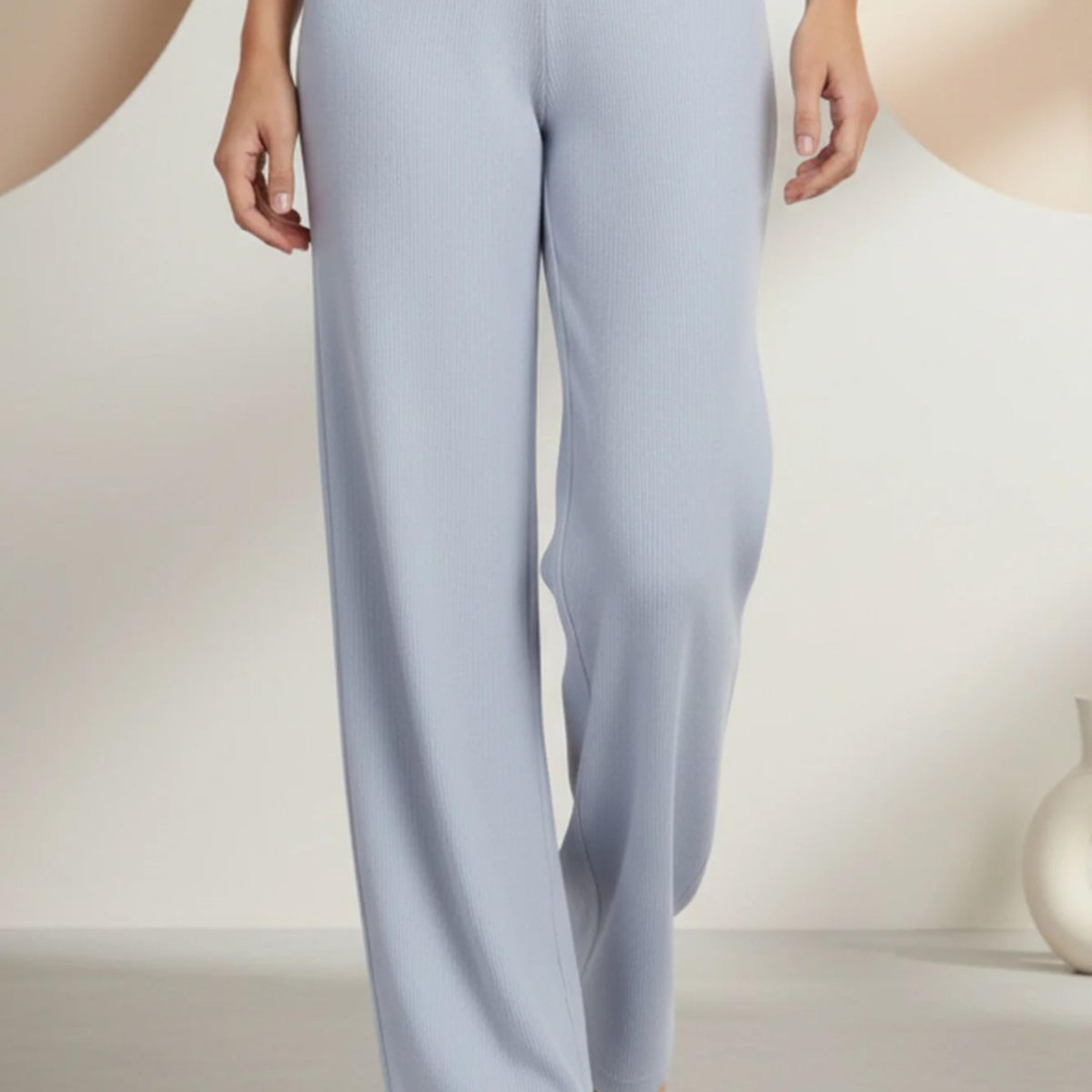 Blue Solid Wide Leg High Rise Corduroy Palazzo