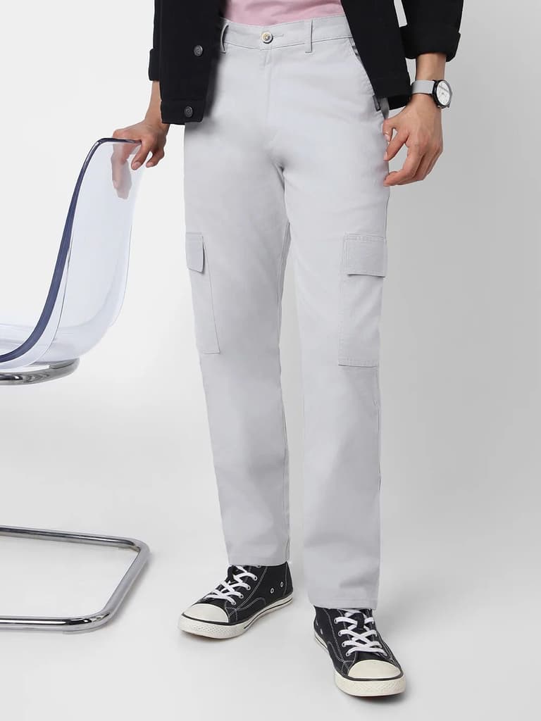 Men's Ice Grey Regular Fit Solid Cargo Chino Pant with 6 Pockets Stretchable — photo 2