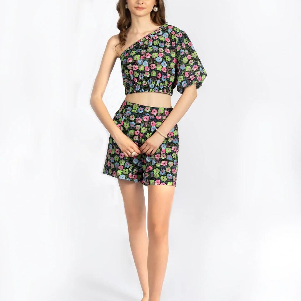 Multicolour Printed One-Shoulder Co-ord Set in Poly Spandex Dobby