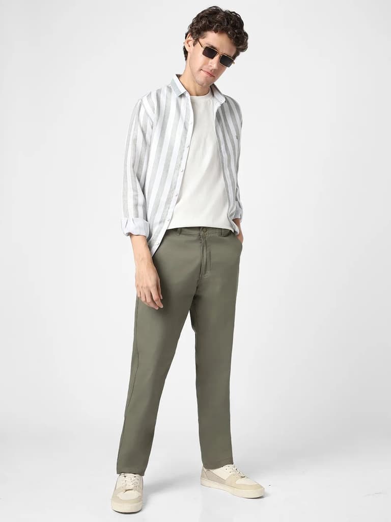 Men's Light Grey Cotton Regular Fit Casual Chinos Trousers Stretch — photo 4