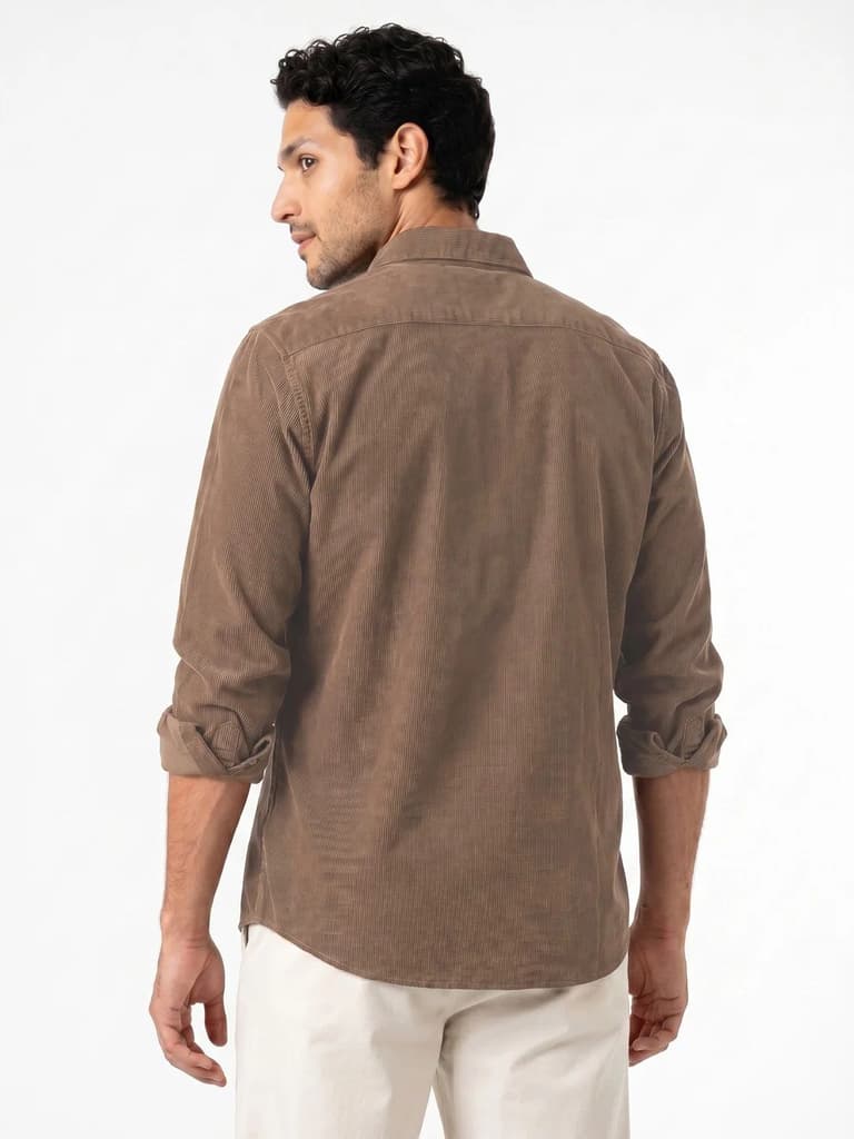 Men's Taupe Corduroy Full Sleeve Regular Fit Solid Overshirt with Utility Pockets — photo 3
