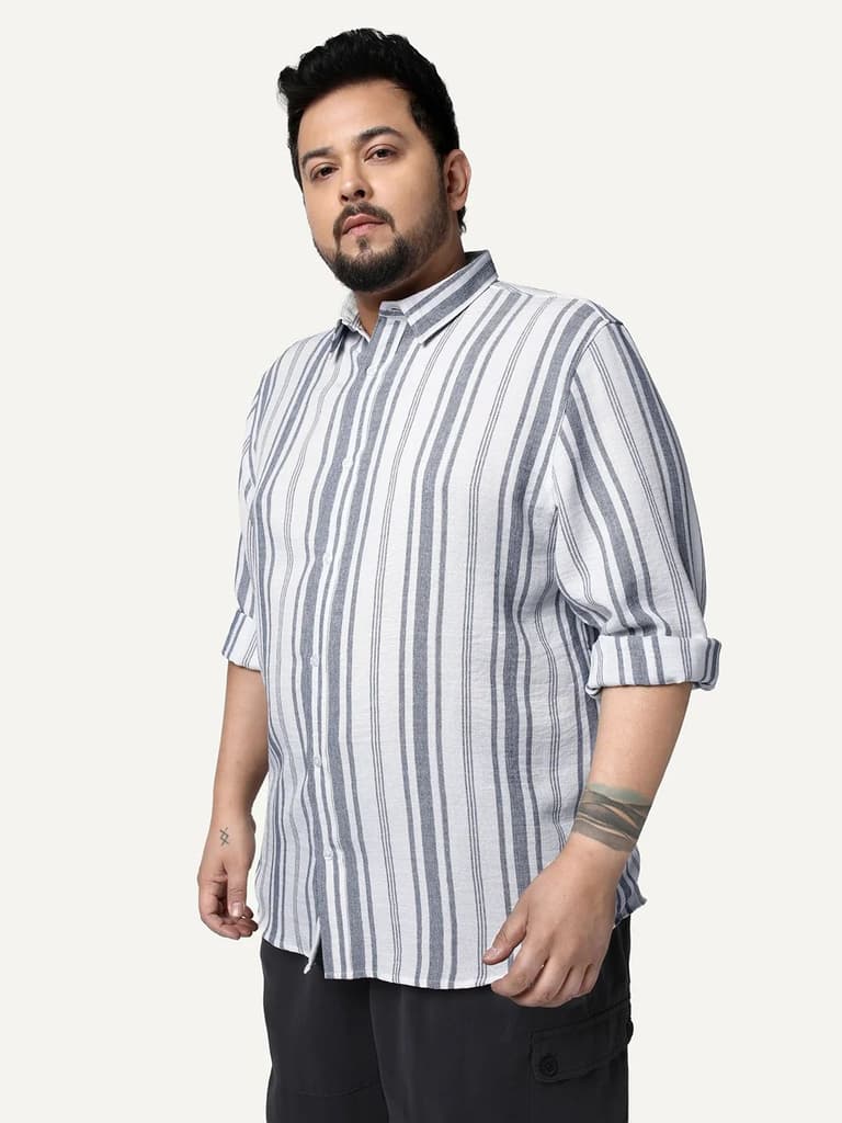 Plus Men's Navy Cotton Full Sleeve Relaxed Fit Linen Striped Shirt with Spread Collar — photo 2