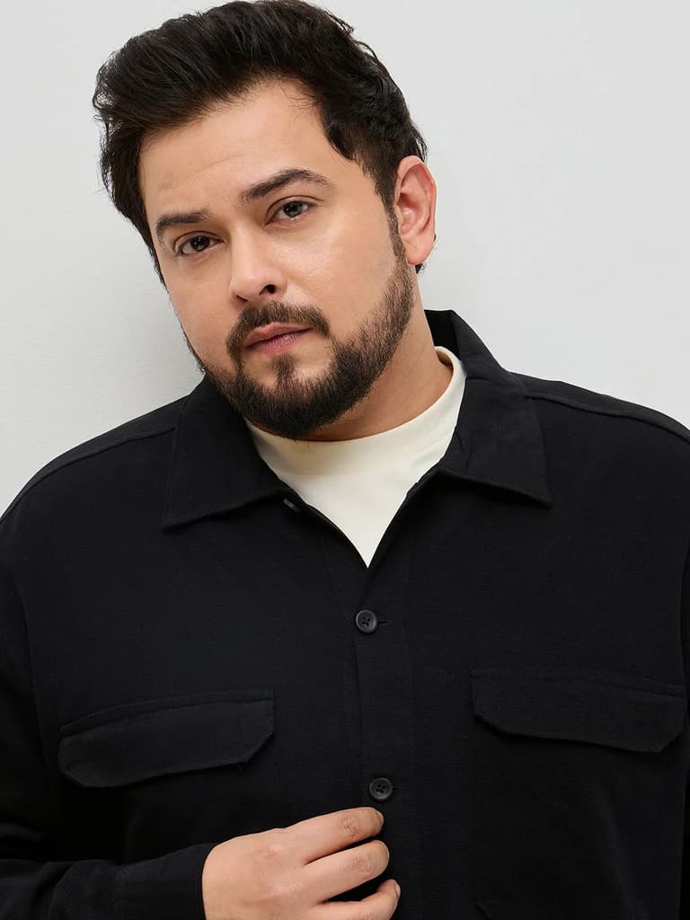 Plus Men's Black Cotton Full Sleeve Relaxed Fit Shacket with Utility Pockets — photo 5