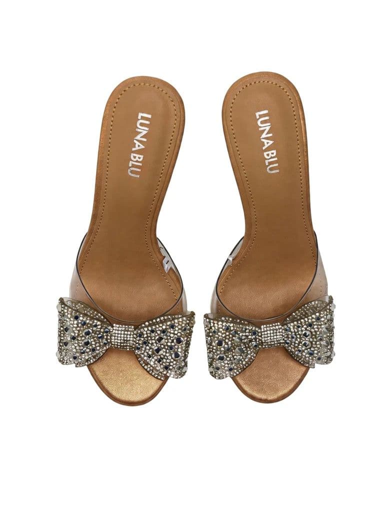 LUNA BLU Beige Rhinestone Bow Embellished Stiletto Sandals — photo 3
