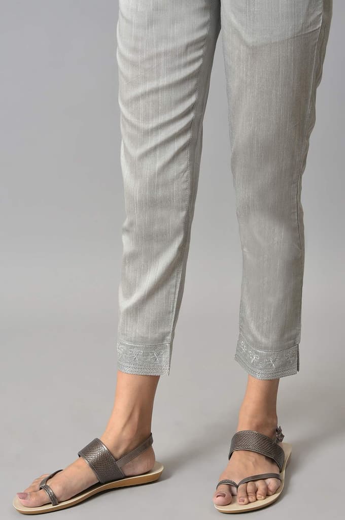 Grey Floral Embroidered Straight Fit Woven Pants With Elasticated Waist — photo 8