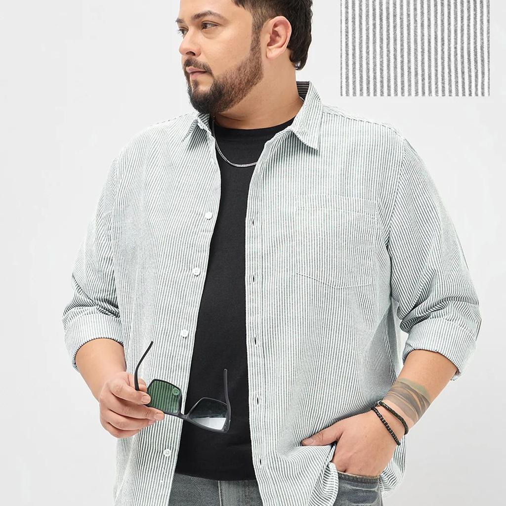 Plus Men's Light Grey Cotton Full Sleeve Regular Fit Casual Striped Shirt