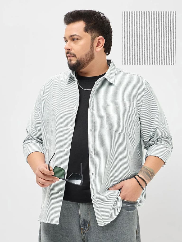 Plus Men's Light Grey Cotton Full Sleeve Regular Fit Casual Striped Shirt — 2XL / Light Grey