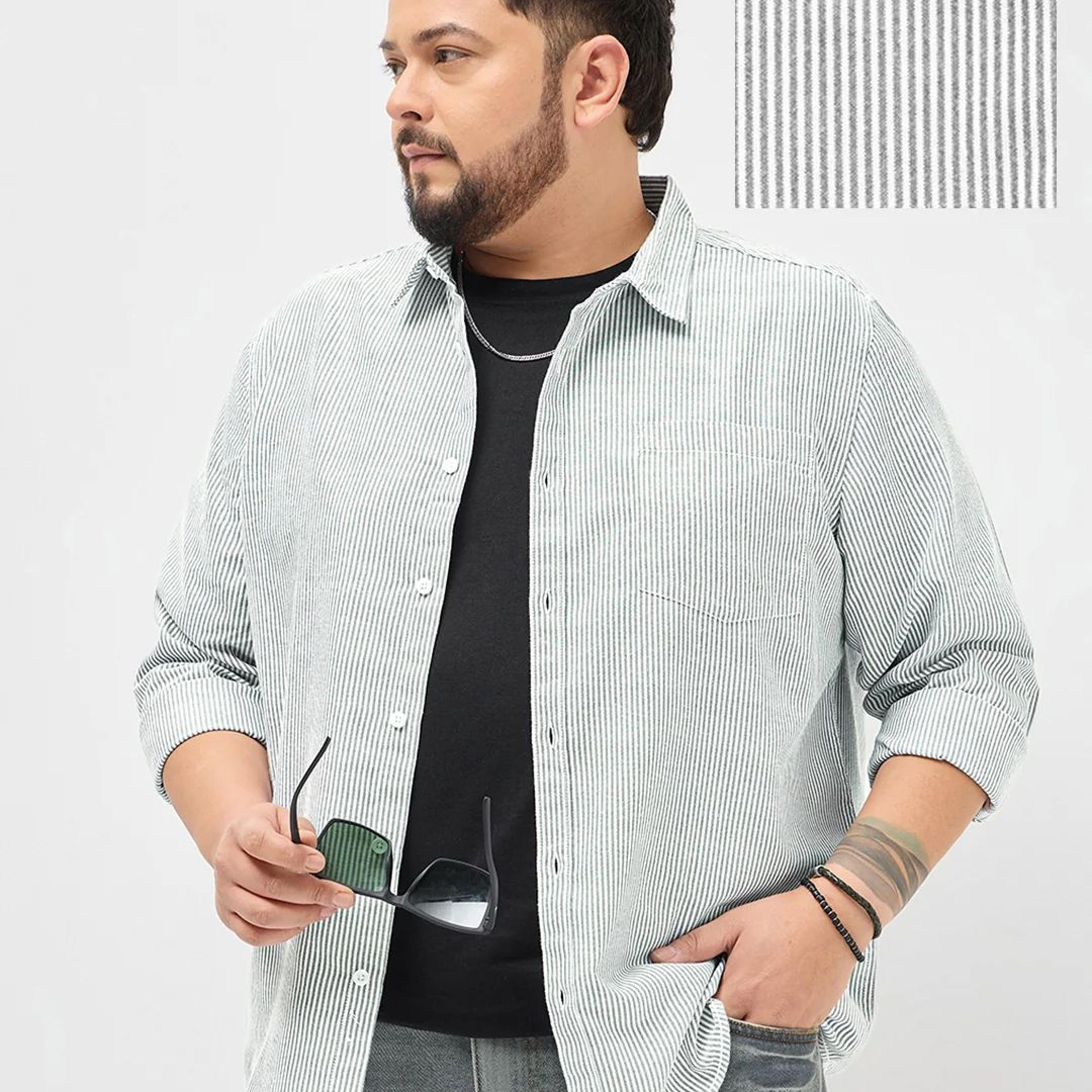 Plus Men's Light Grey Cotton Full Sleeve Regular Fit Casual Striped Shirt