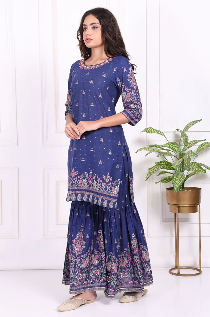 Blue Floral Printed Embroidered Straight Cotton Kurta with Sharara and Dupatta Set — photo 4