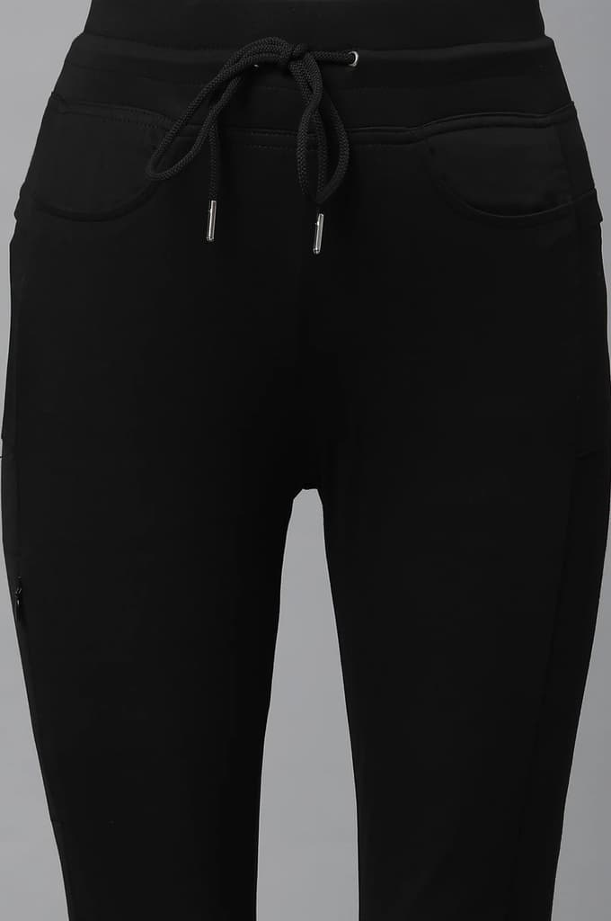 Black Solid Boot Cut Pants With Drawstring — photo 7