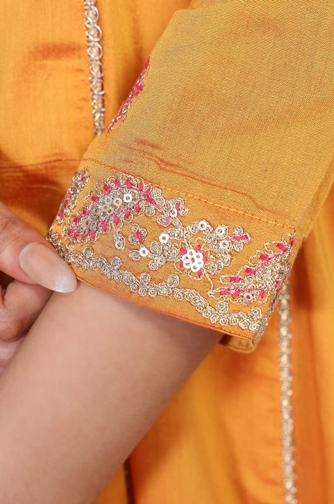 Yellow Embroidered Anarkali Jacquard Kurta with Straight Pant and Dupatta Set — photo 8