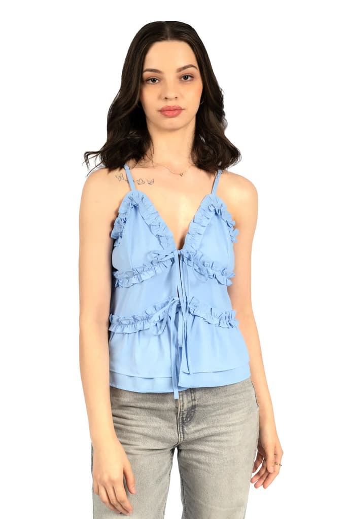 Blue Solid Sleeveless Fit & Flare Crop Top — photo 2