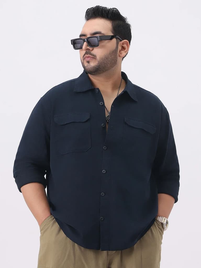 Plus Men's Navy Cotton Full Sleeve Relaxed Fit Shacket with Utility Pockets — photo 2