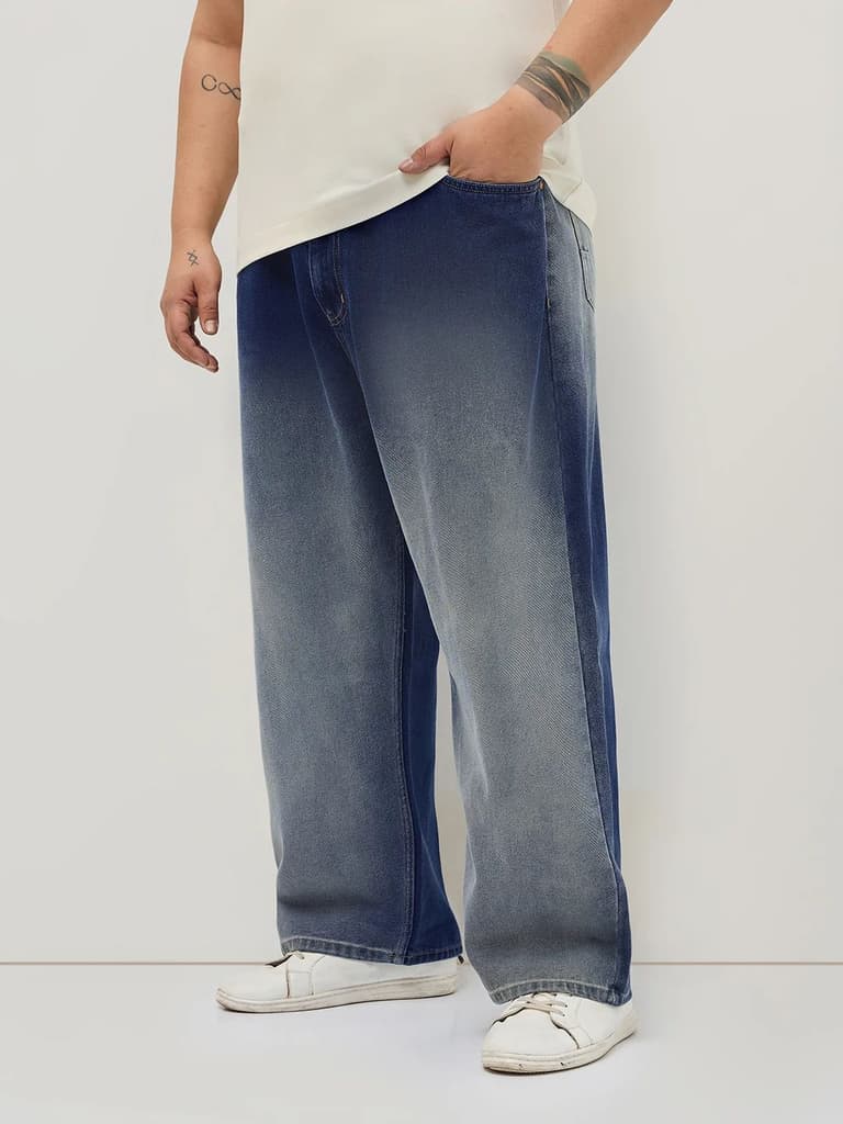 Plus Men's Dark Blue Loose Baggy Fit Heavy Washed Faded Denim Jeans Non-Stretchable — photo 2