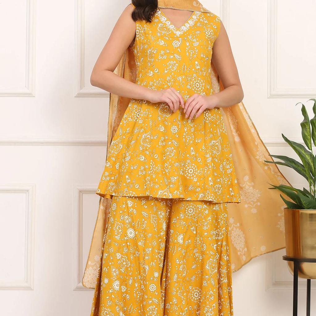Mango Yellow Floral Printed Embroidered Neck Flared Kurta, Sharara and Dupatta Set