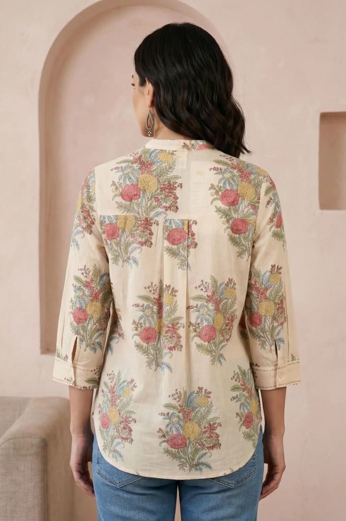 Beige Block Floral Printed Pure Cotton Straight Top — photo 4