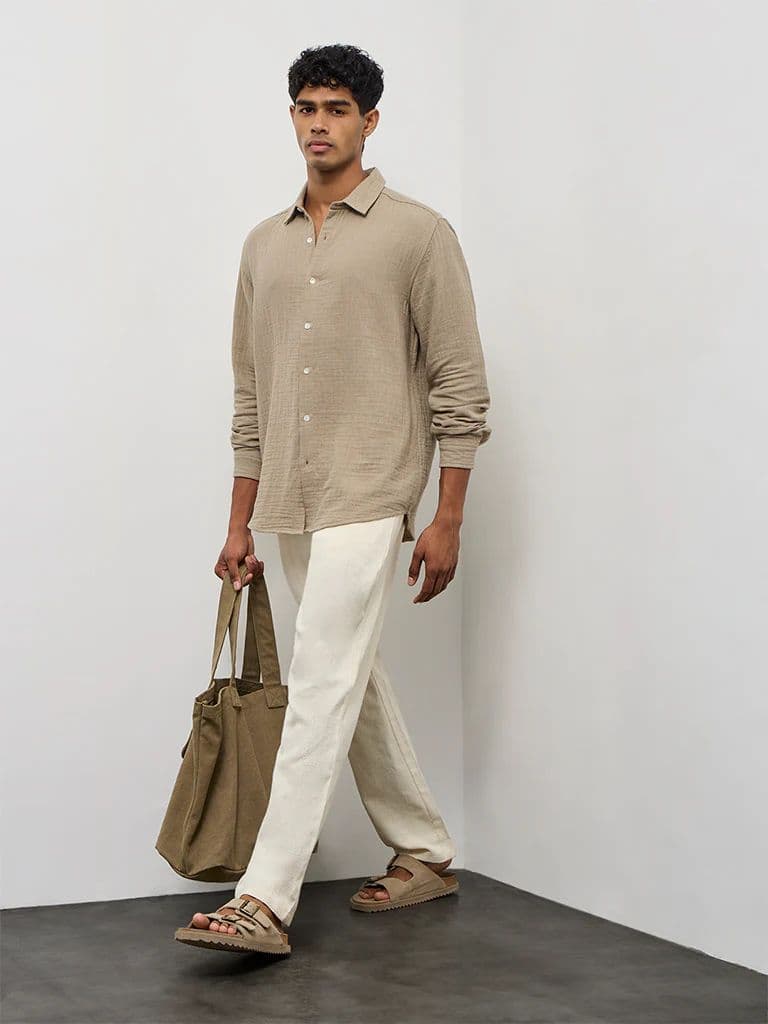 ETA Taupe Striped Relaxed-Fit Cotton Shirt — photo 2