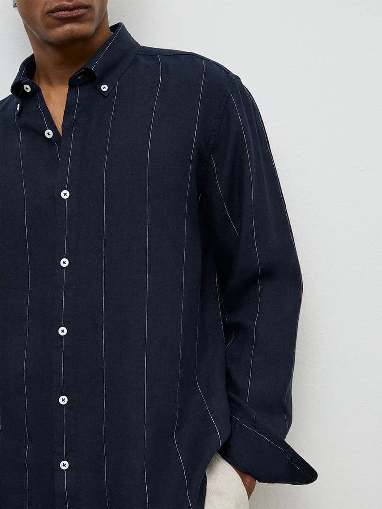 Ascot Navy Striped Relaxed-Fit Linen Shirt — photo 3