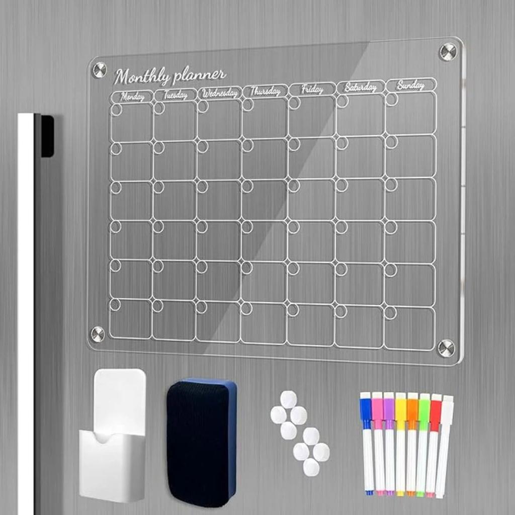 Glass Clear Magnetic Fridge Calendar – Monthly Acrylic Planner with Markers Magnetic Duster — photo 2