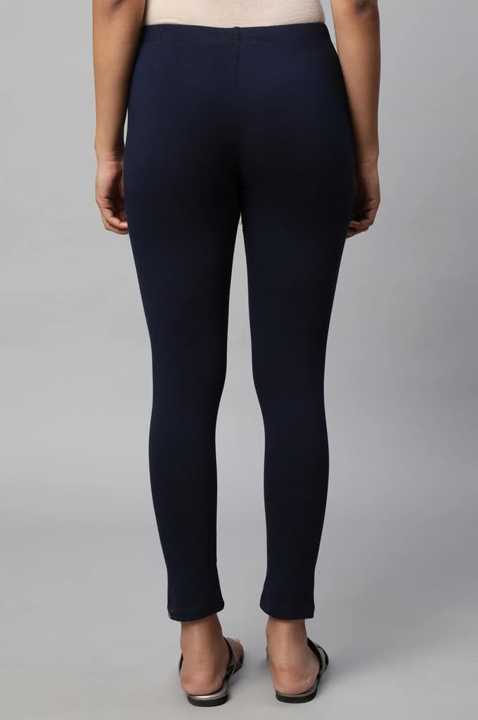 Navy Blue Solid Skinny Fit Cotton Tights With Slip On Closure — photo 2