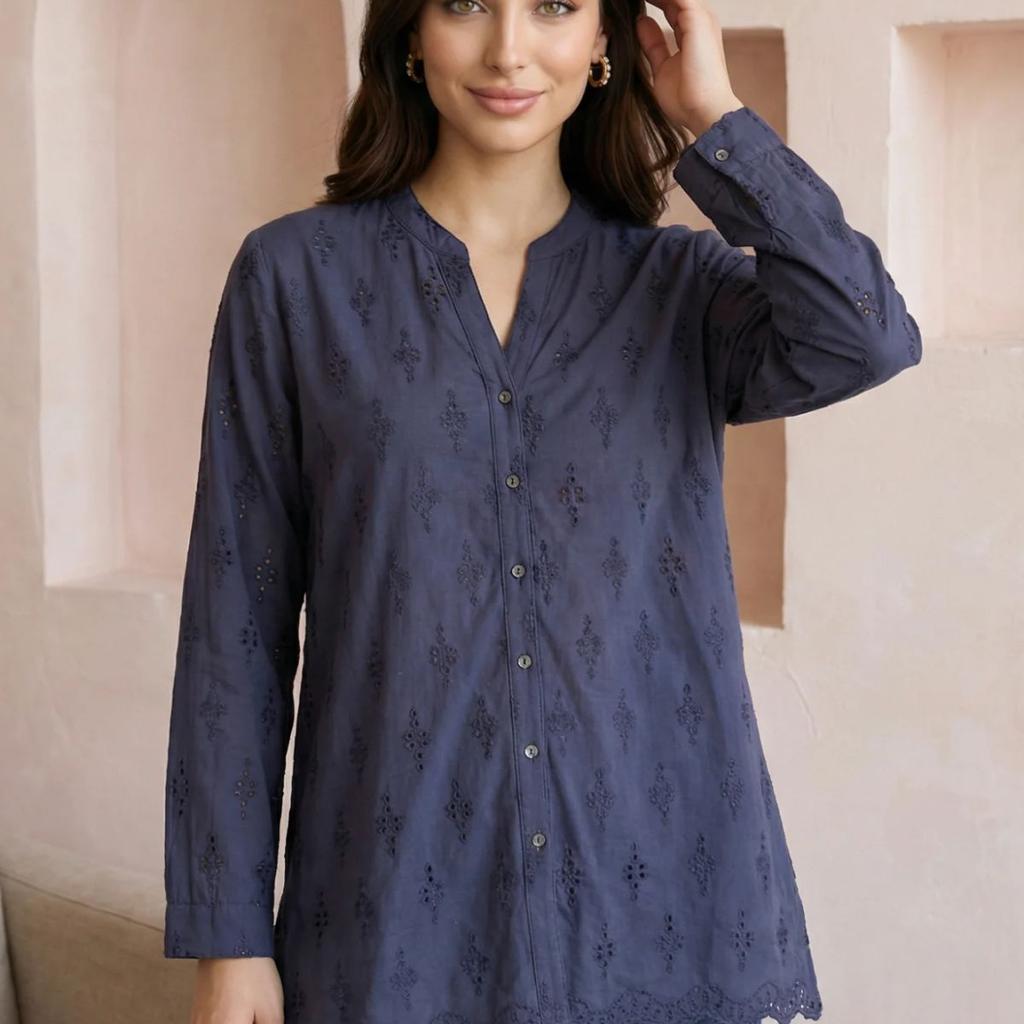 Navy Blue Schiffli Pure Cotton Straight Shirt