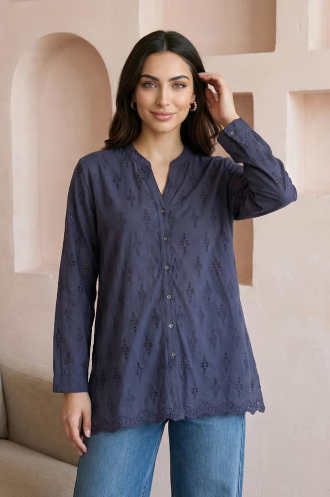 Navy Blue Schiffli Pure Cotton Straight Shirt — XS