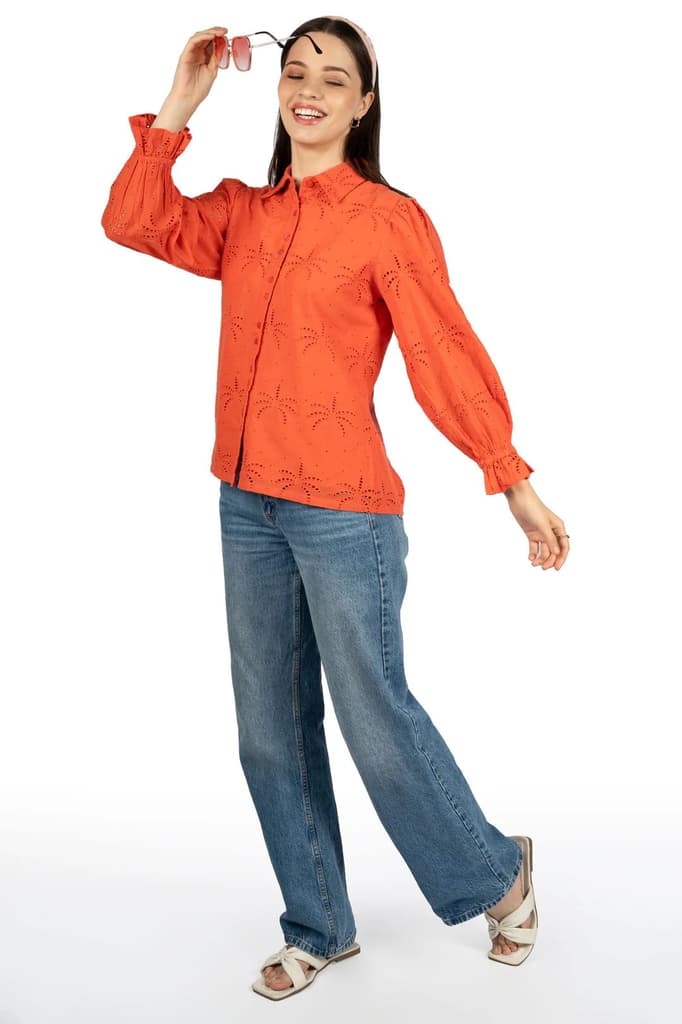 Red Solid Cotton Schiffli Collared Shirt — photo 2
