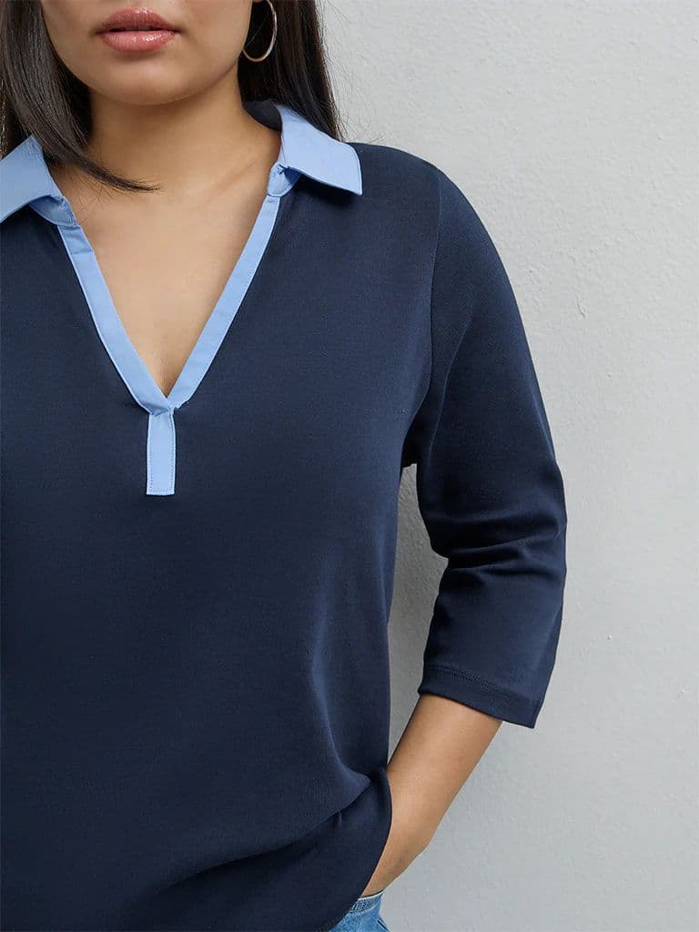 Gia Navy Contrast-Detail Cotton T-Shirt — photo 3