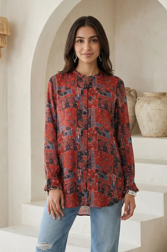 Red Abstract Modal Satin Straight Top — photo 5