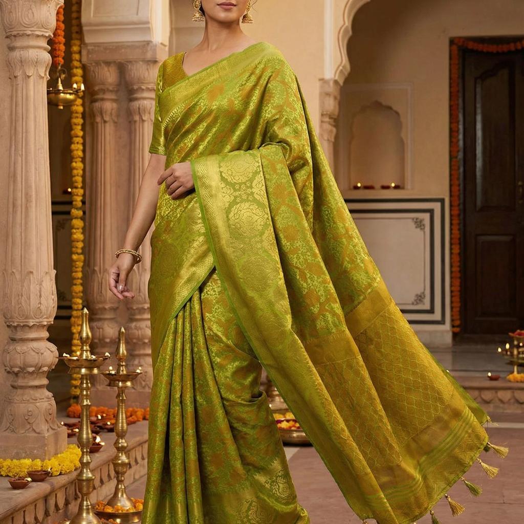 MIMOSA Women's Woven Design Kanjivaram Style Art Silk Saree with Blouse Piece - Olive ( SA00003141OLFREE )