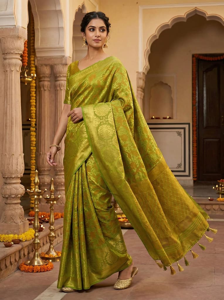 MIMOSA Women's Woven Design Kanjivaram Style Art Silk Saree with Blouse Piece - Olive ( SA00003141OLFREE )