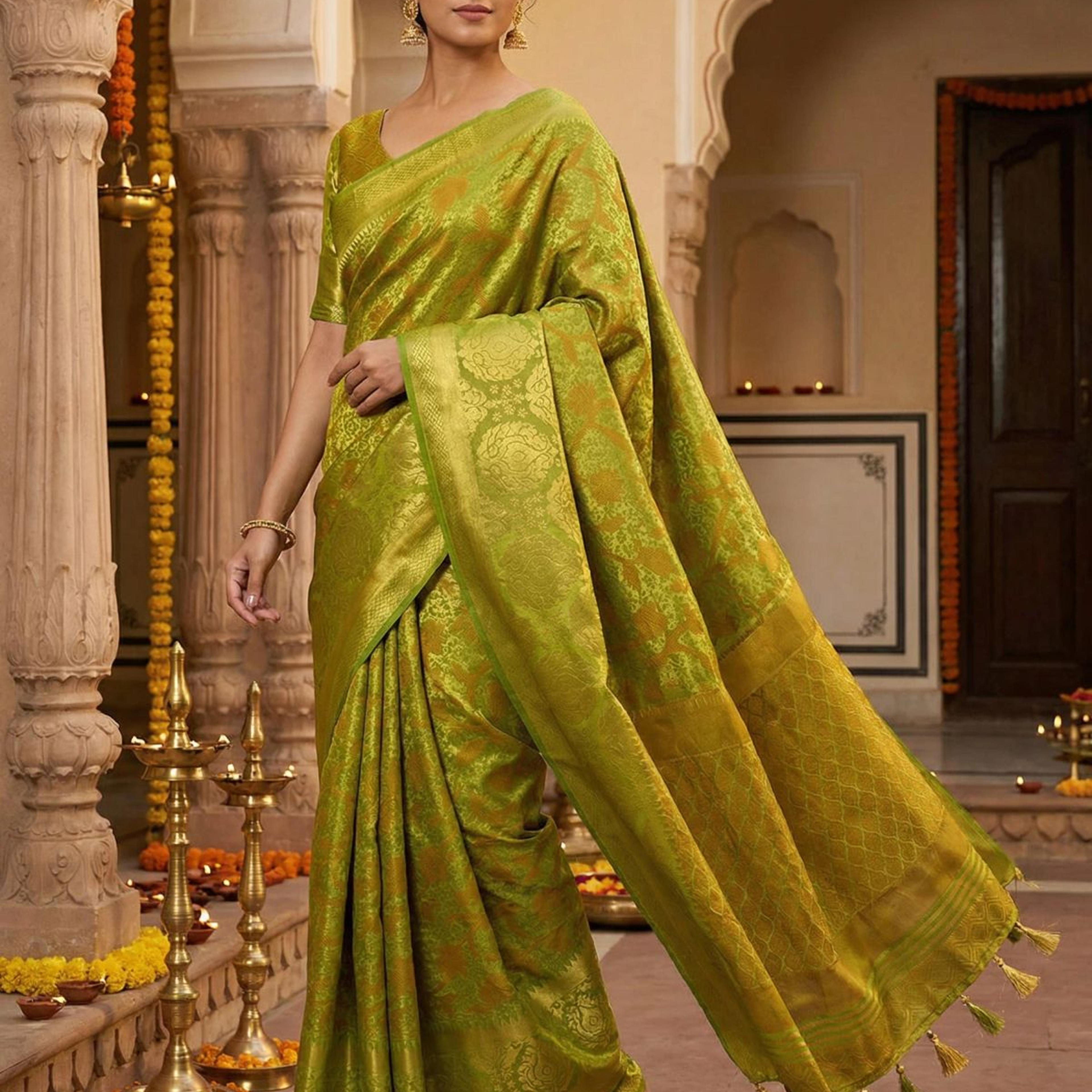 MIMOSA Women's Woven Design Kanjivaram Style Art Silk Saree with Blouse Piece - Olive ( SA00003141OLFREE )