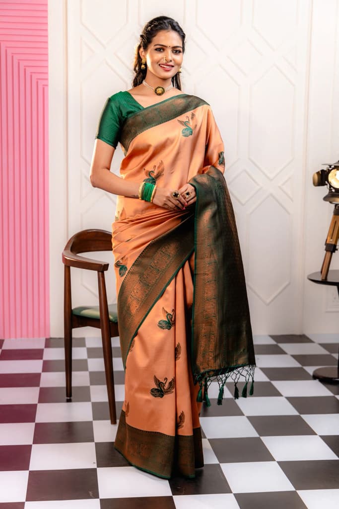 Mimosa Women's Woven Design Kanjivaram Style Art Silk Saree With Blouse Piece : SA00001778PCFREE — Peach