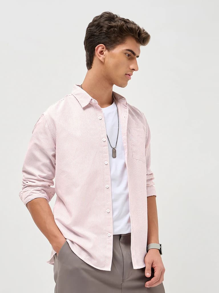 Men's Light Pink Cotton Full Sleeve Regular Fit Casual Striped Shirt — photo 3