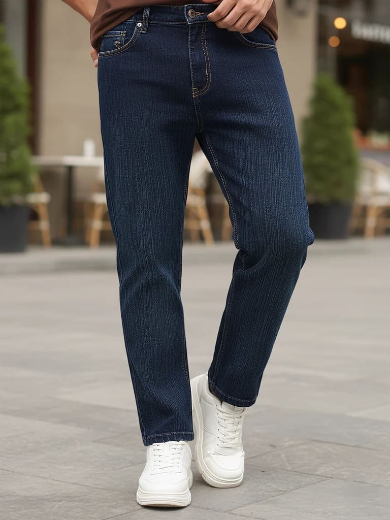 Men's Dark Blue Straight Fit Washed Denim Jeans Stretchable — 28 / Dark Blue